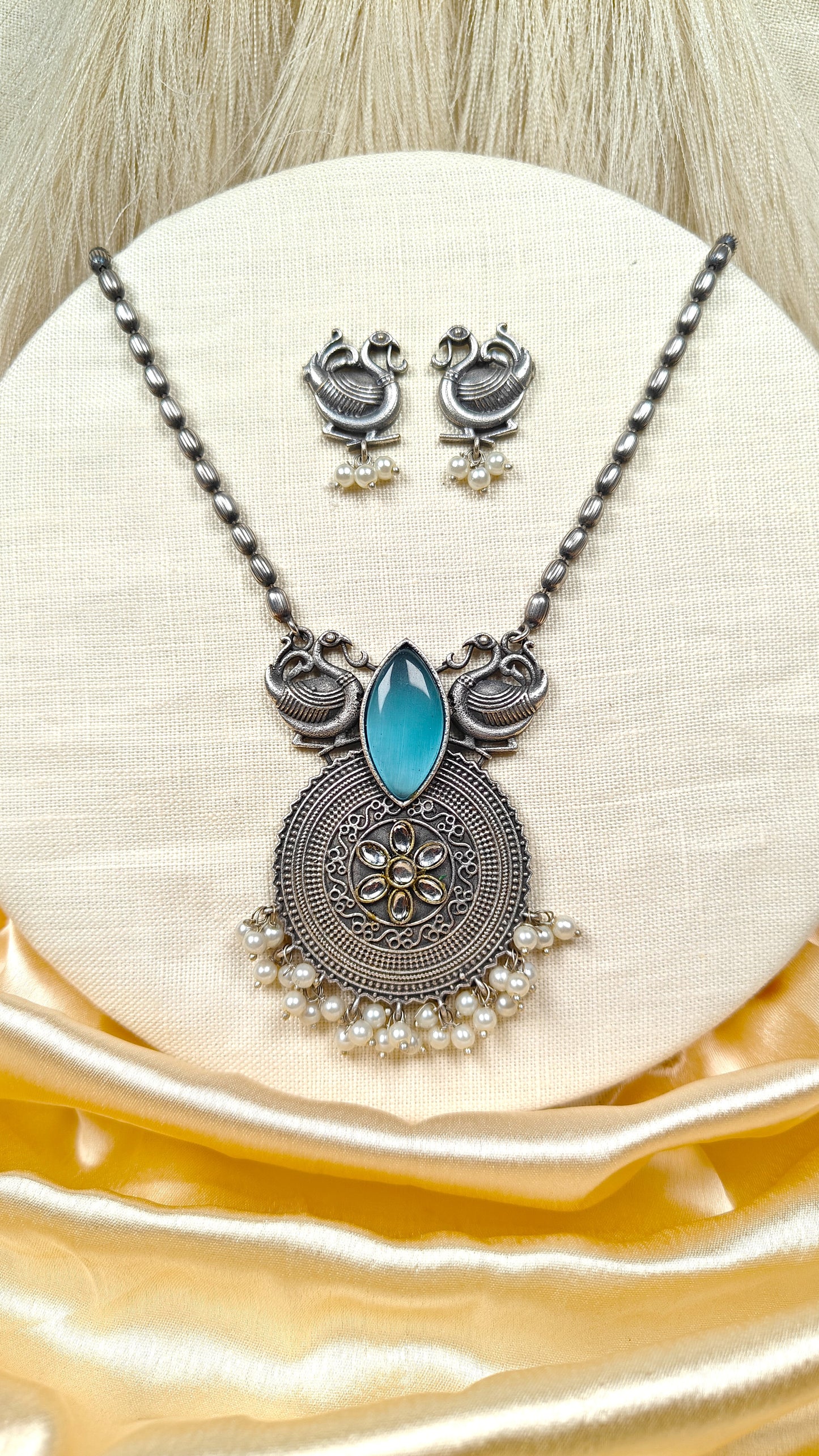 Oxidized Silver Peacock Necklace Set With Blue Stone & Pearl Drops