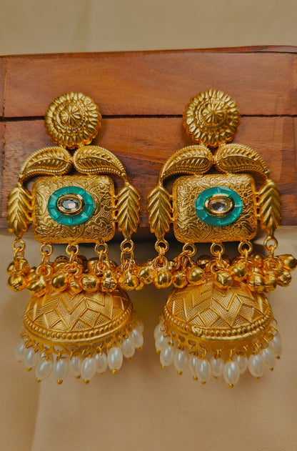 Zeenat-e-Kashmir Green Stone Jhumka Earrings