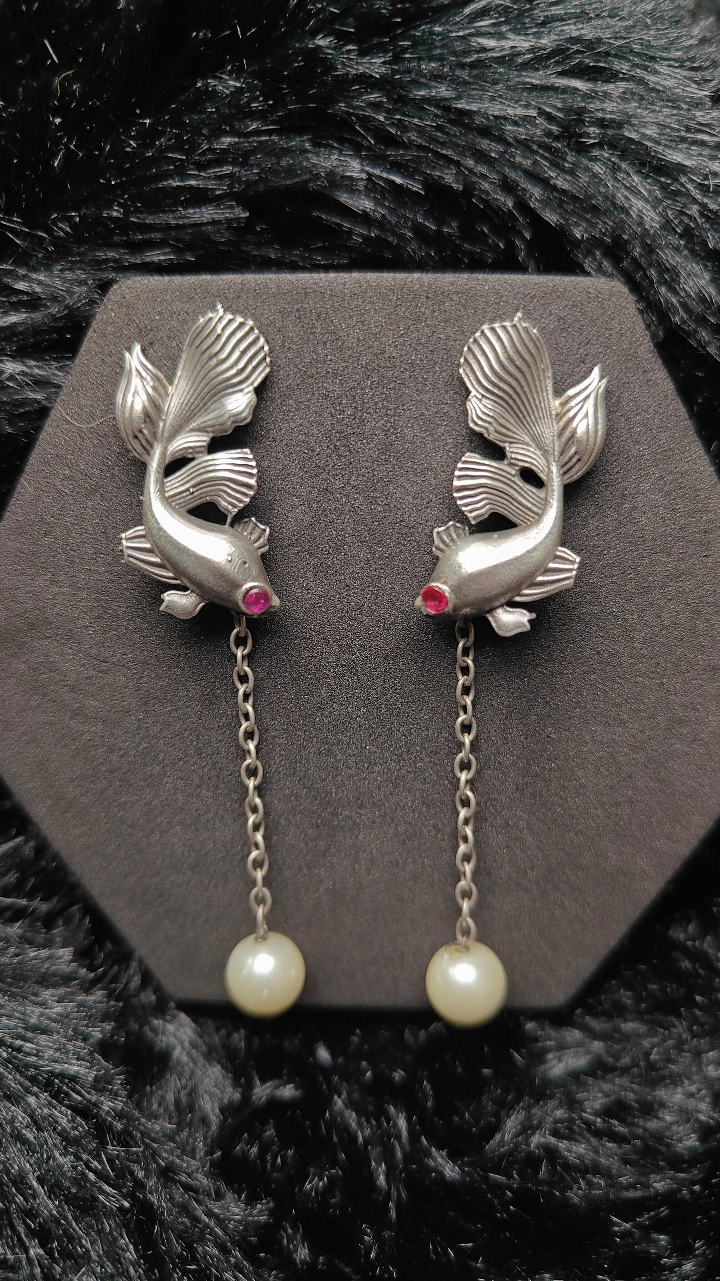 Silver Fish With green, blue and pink Stones Eyes & Pearl Drop