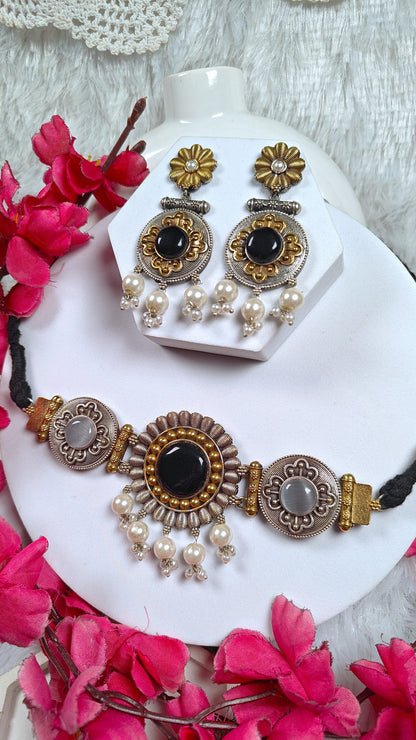 Noir Pearl Medallion Oxidised Choker Set