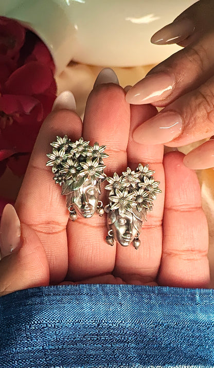 Silver Floral Crown Face Stud Earrings