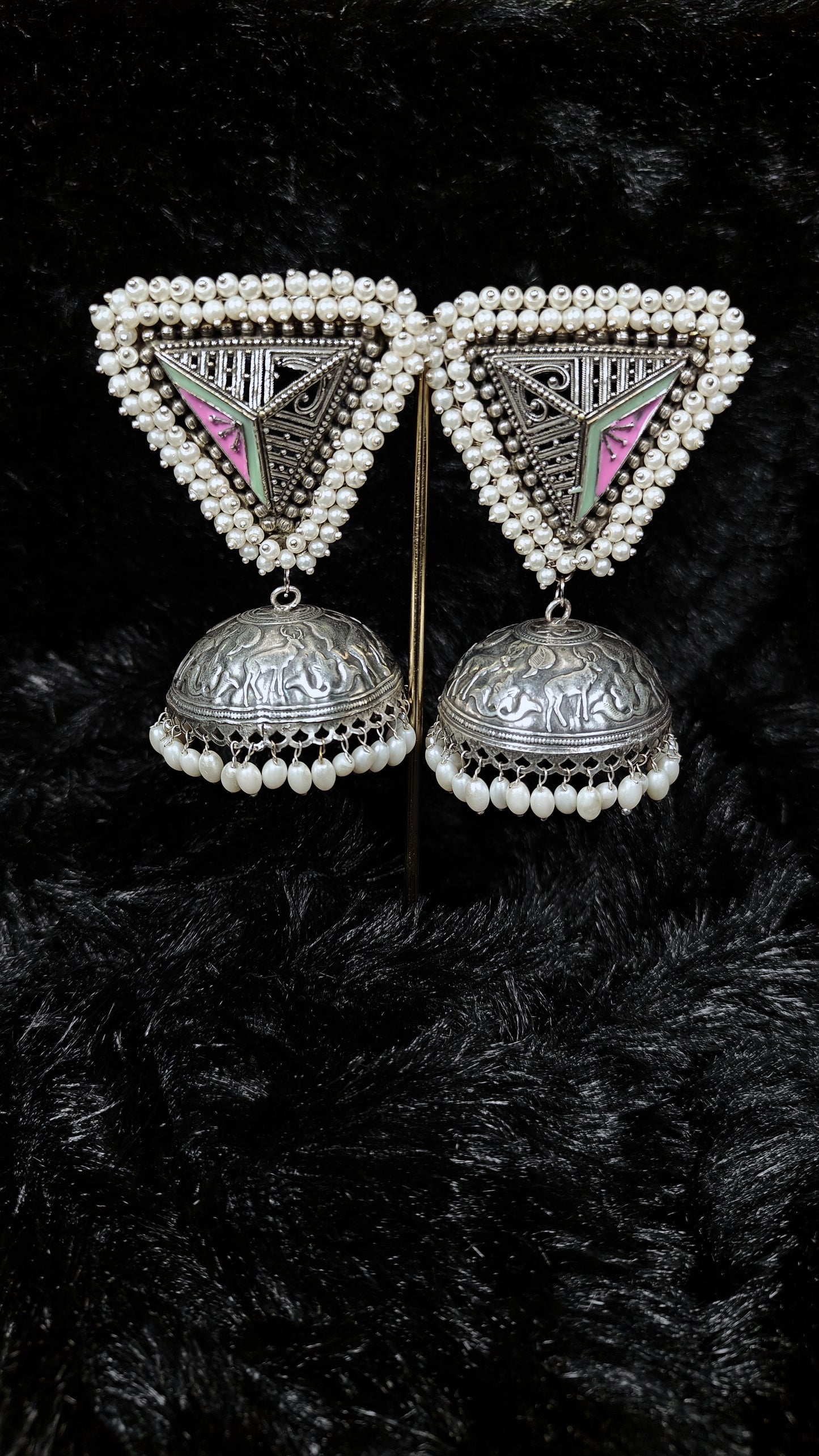 Royal Oxidized Dome Jhumka With Pearl Triangle Stud