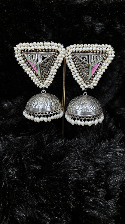 Royal Oxidized Dome Jhumka With Pearl Triangle Stud