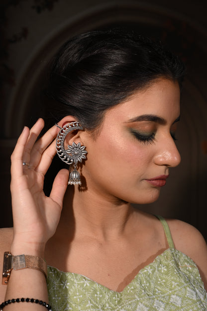 Oxidised crescent sunflower ear cuffs jhumki